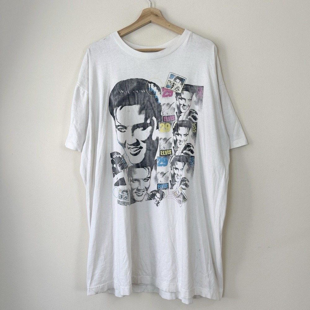 Vintage 90s Elvis Presley Music Stamp Art Portrait Single Stitch White Tee Shirt